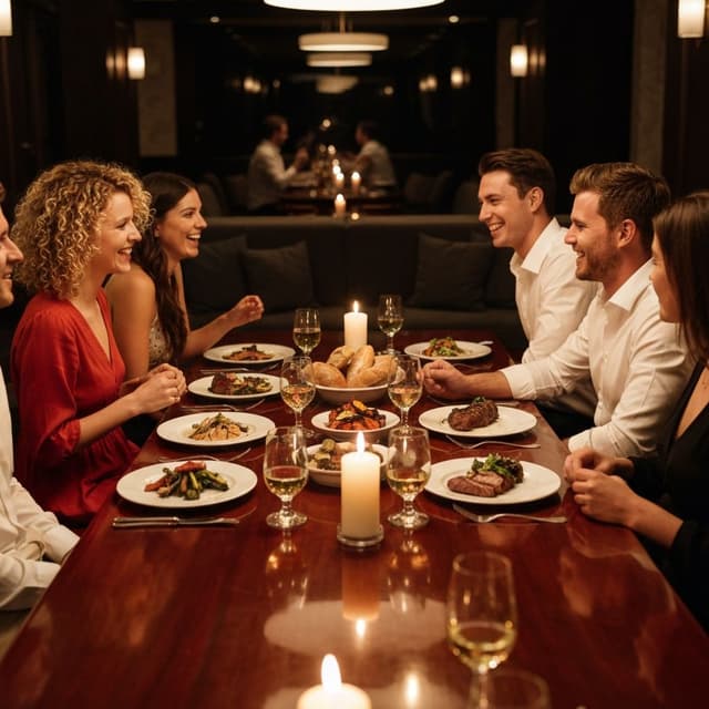 Friends laughing together over a candlelit dinner