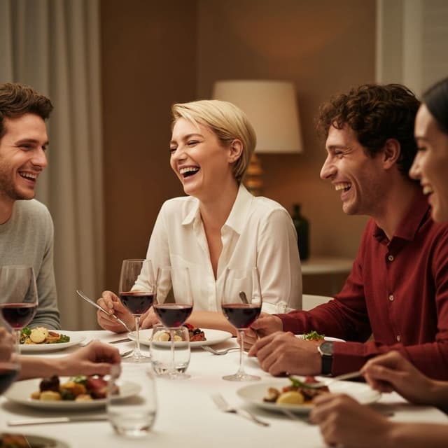 Friends laughing together at a dinner table