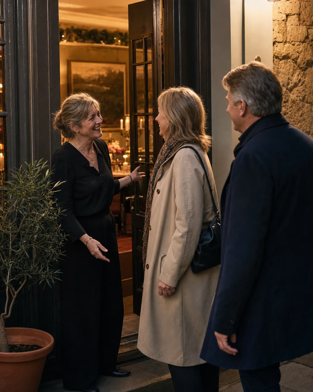 Guests laughing together over a candlelit dinner
