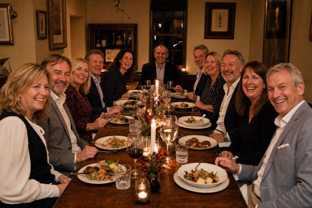 Friends laughing together over a candlelit dinner
