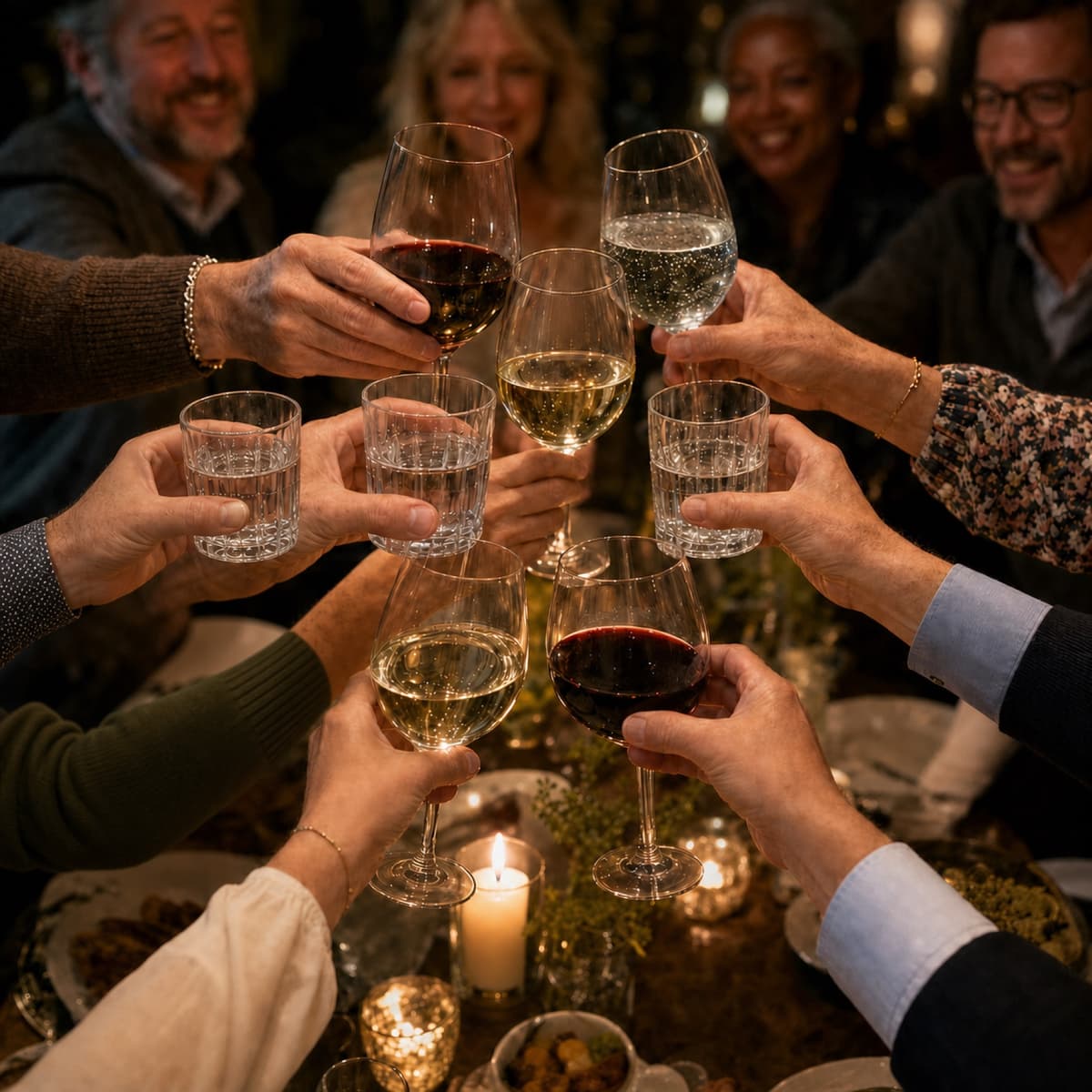 A host raising a toast with guests at a Dinners With Friends table